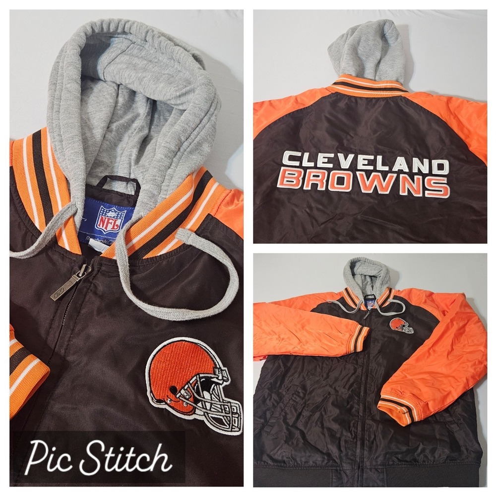 NFL Cleveland Browns Nylon XL Varsity Hooded Jacket  Embroidered Logos  EUC Hood